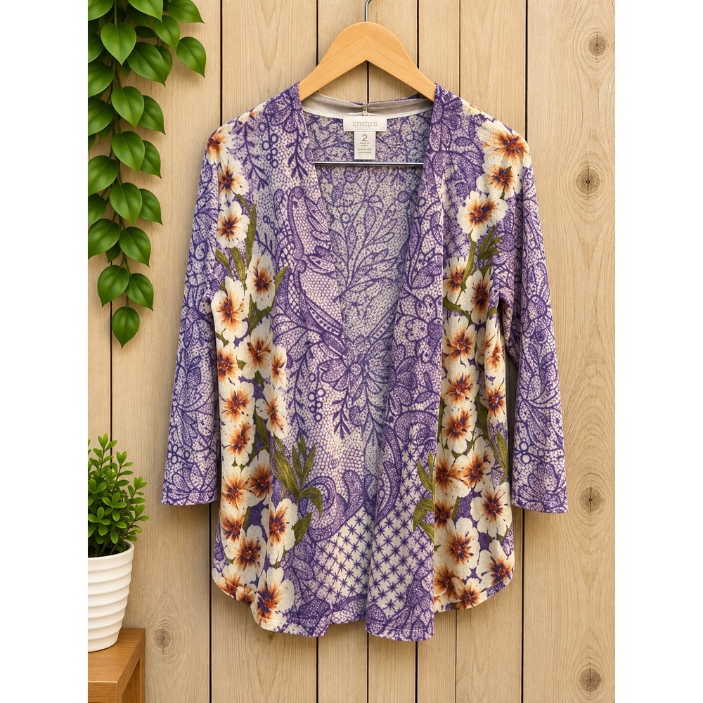 Chico's Purple Floral Paisley Open Front Cardigan 3/4 Sleeve Size 2 Large